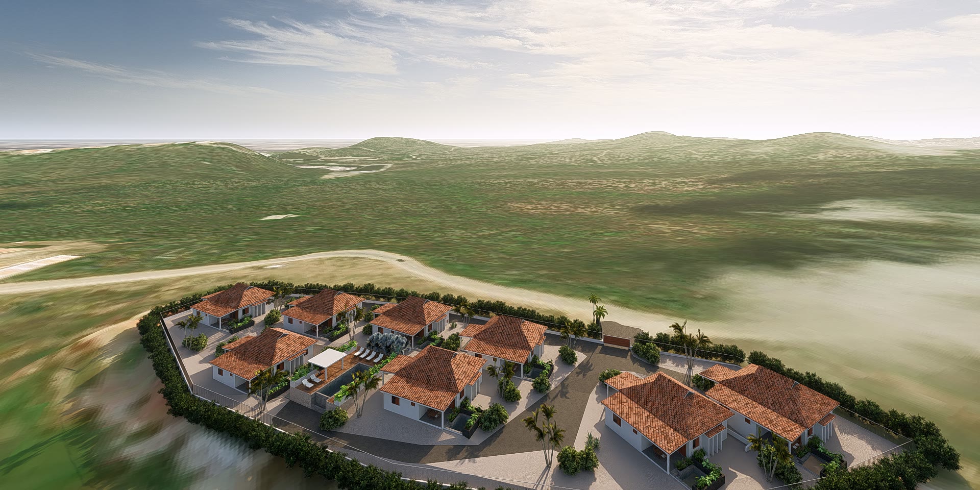 Het resort in vogelvlucht in het landschap, met de villa's rond een ovale oprijlaan