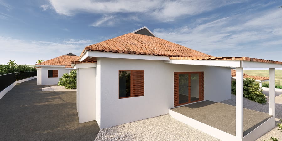 Villa gezien vanaf de oprijlaan, met dak van kleipannen